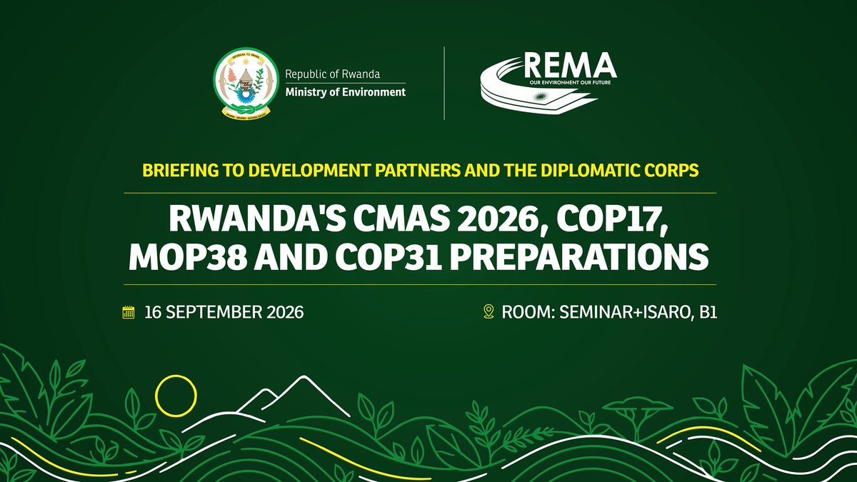 EnvironmentRw's tweet photo. Today, Ministry of Environment and REMA are briefing Development Partners and the Diplomatic Corps on Rwanda’s preparations for CMAS 2026, COP17, MOP38 and COP31.

The session will highlight Rwanda’s priorities, programme and opportunities for partner engagement
#GreenRwanda🇷🇼🌿 https://t.co/oIQ7yfJy6k