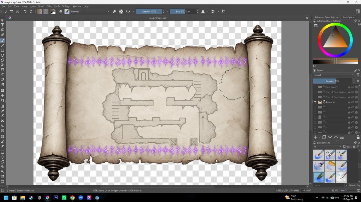 ArtistModro's tweet photo. Another little SVETLOBA milestone 🗡️

Finished the Magic Map and Item Scroll Systems!

I use krita for my digital art

Map 🗺️+Item journal 📜 unlocked 😁✌️ 
Unique flame symbol when equipping/unequipping items🔥

Love how the light shines through the map 😍
#INDIEDEV  #SVETLOBA https://t.co/w0xsTXZy4f
