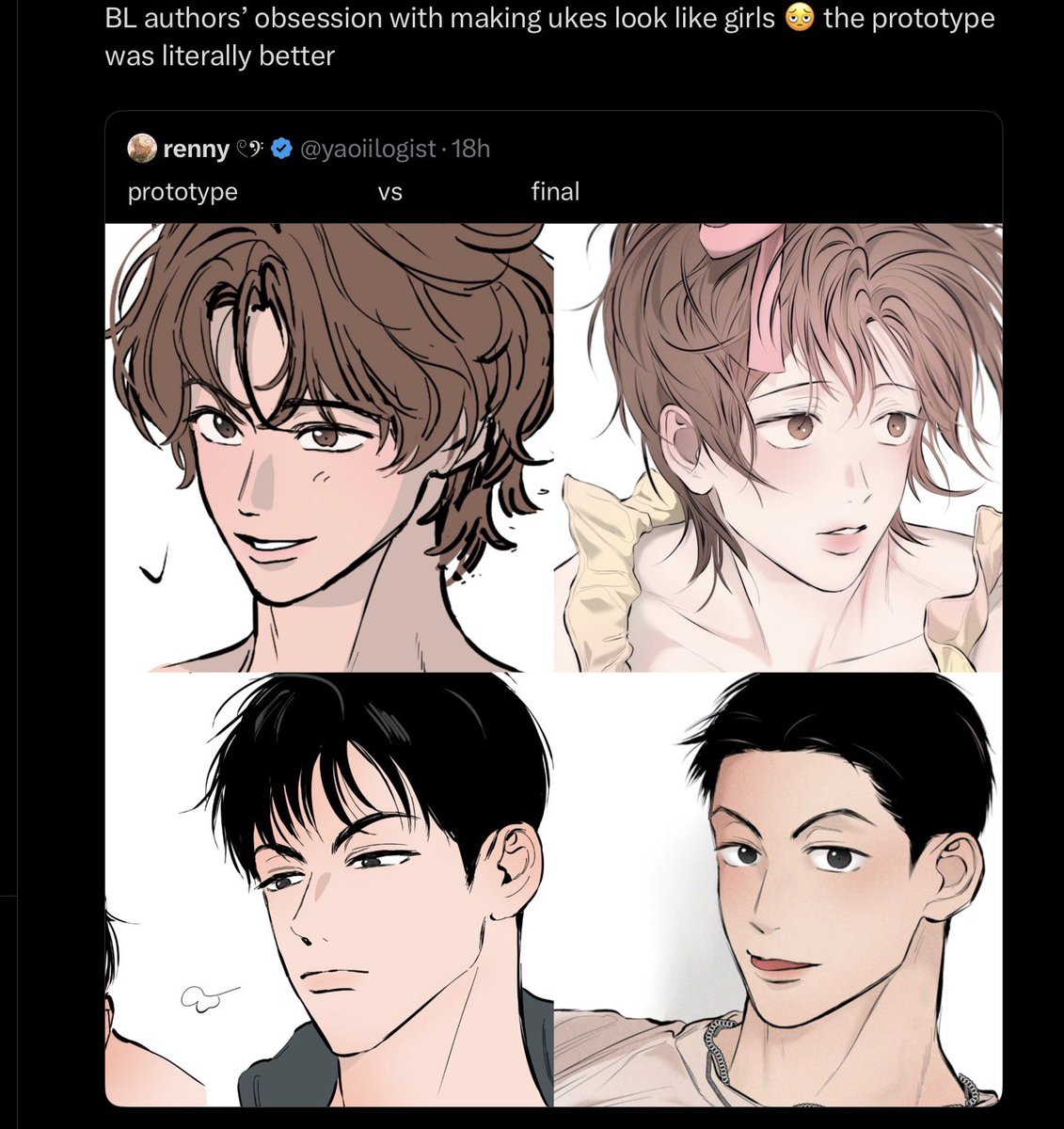 worthofainee's tweet photo. Feminine gays literally exists. What’s wrong with seeing it in manhwas? You’re consuming queer media yet you have such misogynistic take.

It’s fine to have a preference but belittling authors and calling them obsessed for making ‘uke look like girls’ is just misogynistic.

There’s literally spectrum of queer men— they’re not just buff or masc presenting.