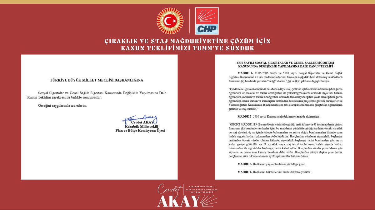 cevdetakaychp's tweet photo. Çıraklık ve staj dönemlerinde sigorta kaydı yapılan, işyerlerinde fiilen çalışan vatandaşlarımızın emeği emeklilikte yok sayılamaz!

Çıraklık ve staj başlangıçlarının sigortalılık başlangıcı sayılması, bu sürelerin borçlanılabilmesi ve emeklilik hesabında dikkate alınması için kanun teklifimizi TBMM’ye sunduk.

#StajyerçırakBütçeye