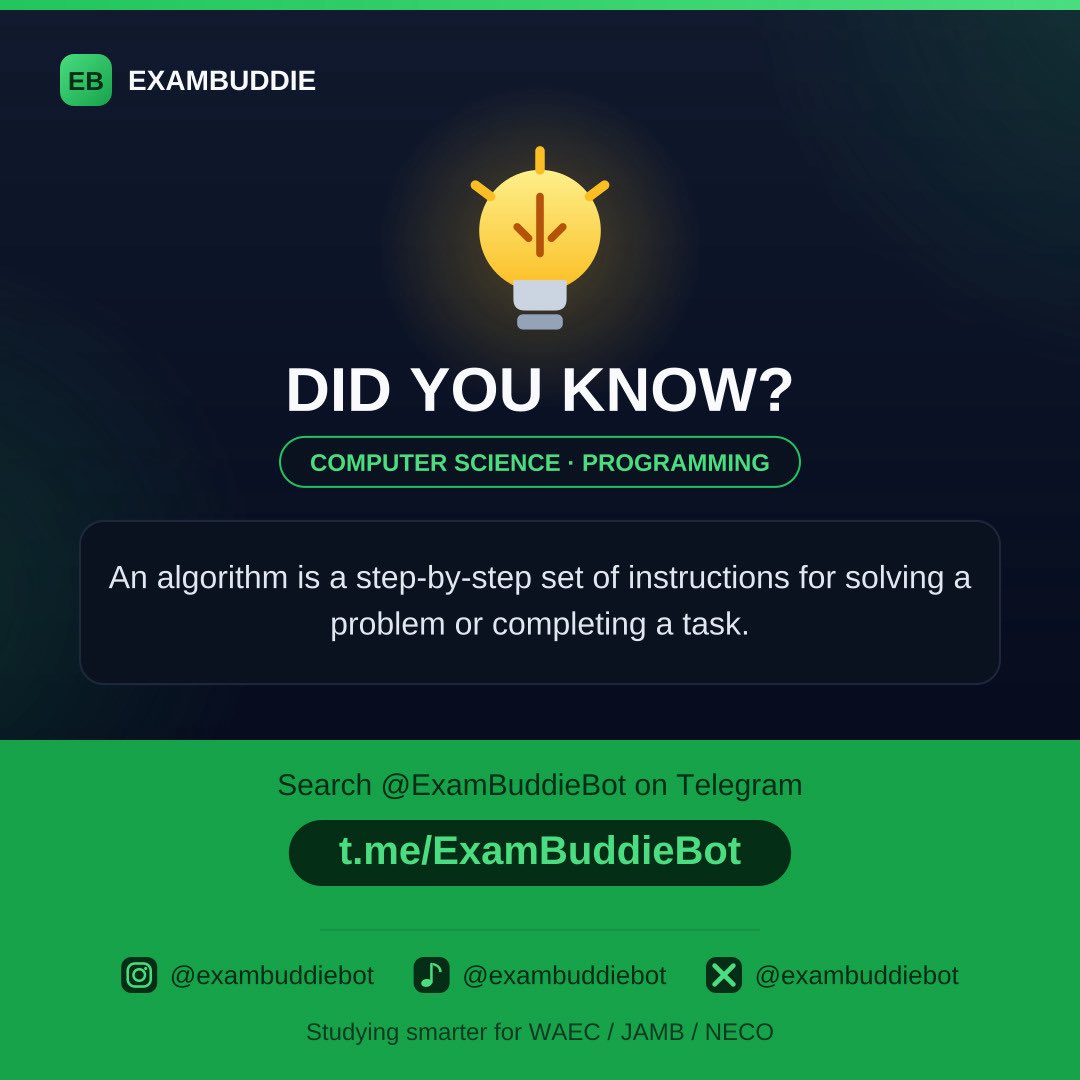 ExamBuddieBot's tweet photo. Did you know that?
#WAEC #JAMB #NECO
#DIDYOUKNOW
#NAIJASTUDENTS
https://t.co/853bgol7Bl to get started https://t.co/JMoW9wvJ3Q
