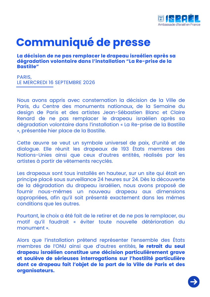 IsraelenFrance's tweet photo. 📢 Communiqué de presse concernant la décision de ne pas remplacer le drapeau israélien après sa dégradation volontaire dans l’installation “La Re-prise de la Bastille”. https://t.co/JosZXTcmH5