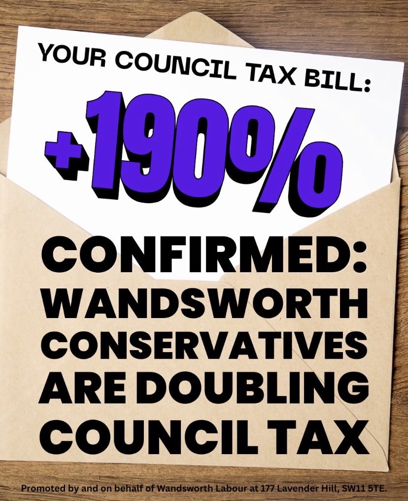 Text saying your council tax bill +190% confirmed: Wandsworth Conservatives are doubling council tax