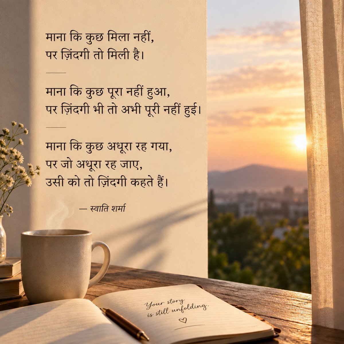 swatiwsharma's tweet photo. हर चीज़ का पूरा हो जाना ज़रूरी नहीं।
कुछ चीज़ें अधूरी रहकर भी
हमें आगे बढ़ने की वजह देती हैं।
आख़िर, कहानी अभी बाकी है। ❤️
.
.
.
.
.
#pain #dard #life #dreams #motivation https://t.co/BztnDz0ZoR