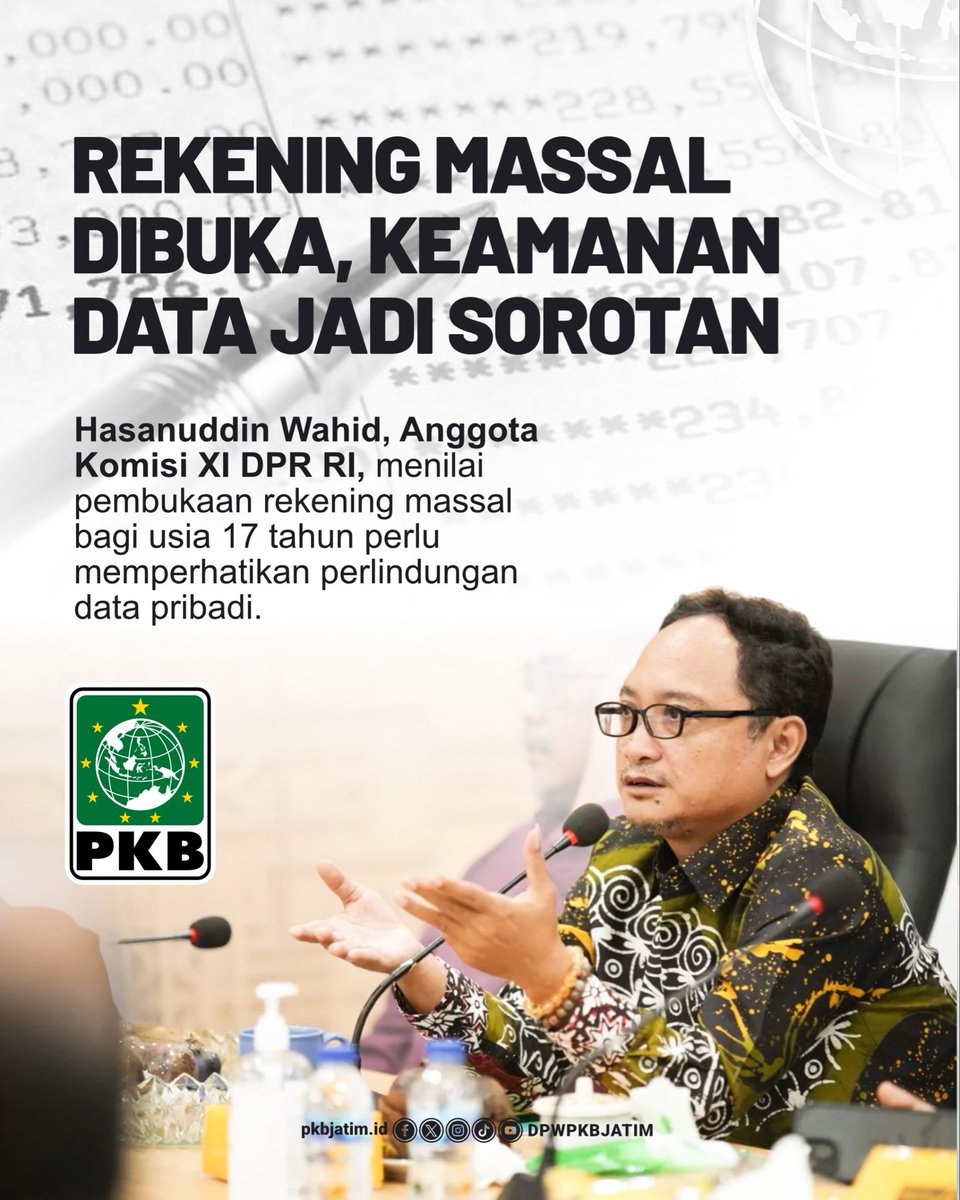 dpwpkbjatim_'s tweet photo. REKENING MASSAL, PRIVASI DATA JADI SOROTAN! ๐
Hasanuddin Wahid menyoroti pentingnya perlindungan data pribadi dalam program pembukaan rekening massal bagi warga usia 17 tahun ke atas.
#PKB #PKBJATIM #DpwPKBJatim #FraksiPKB https://t.co/9B4jy4i4t7