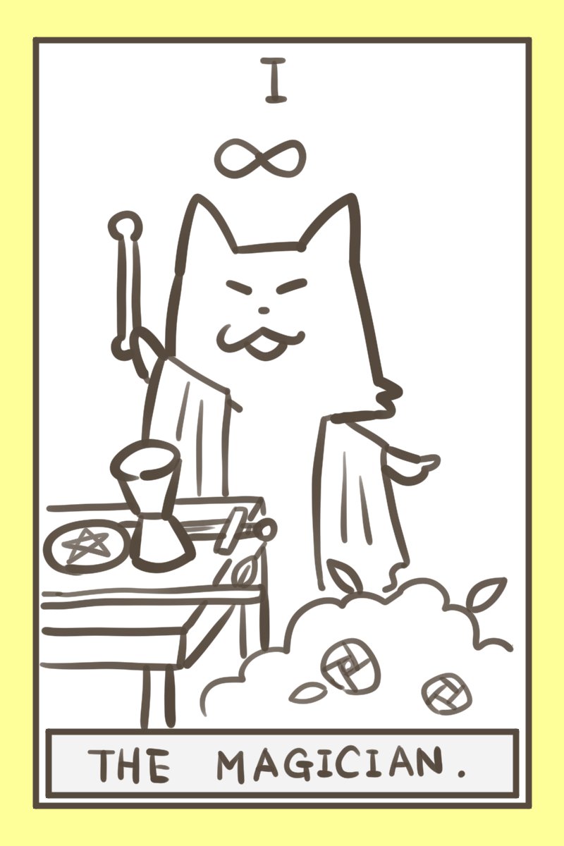 with_ponzoo's tweet photo. 一枚引いちゃ描いていたタロットカードのイラスト。13枚くらいたまってきたのでせっかくだし少しずつ載せよ～　ひとつも深刻じゃない「ふざけたネコのタロットカード」です🐱　＃タロットカード　＃イラスト　＃THEMGICIAN. https://t.co/kSI9KRUVHP