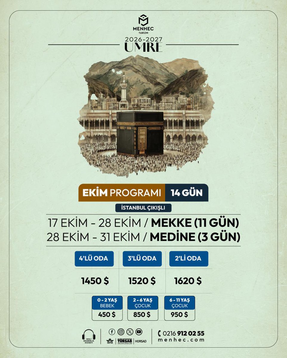 MenhecTurizm's tweet photo. Ekim ayı umre programımız…
#menhec #menhecturizm #hac #umre #kültürturları https://t.co/Z0Wvi9nOIU