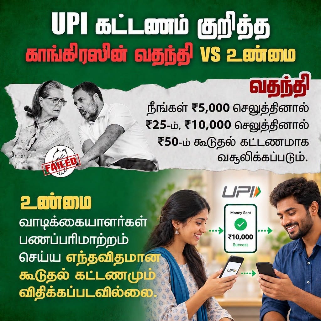 KavisriBjp's tweet photo. UPI கட்டணம் குறித்து @INCIndia  பரப்பும் வதந்திகளுக்கு முற்றுப்புள்ளி! 

@narendramodi
@NainarBJP
@VanathiBJP
@BJP4TamilNadu
@bjmm_tn
@BJP4India https://t.co/dggfCQvrrg