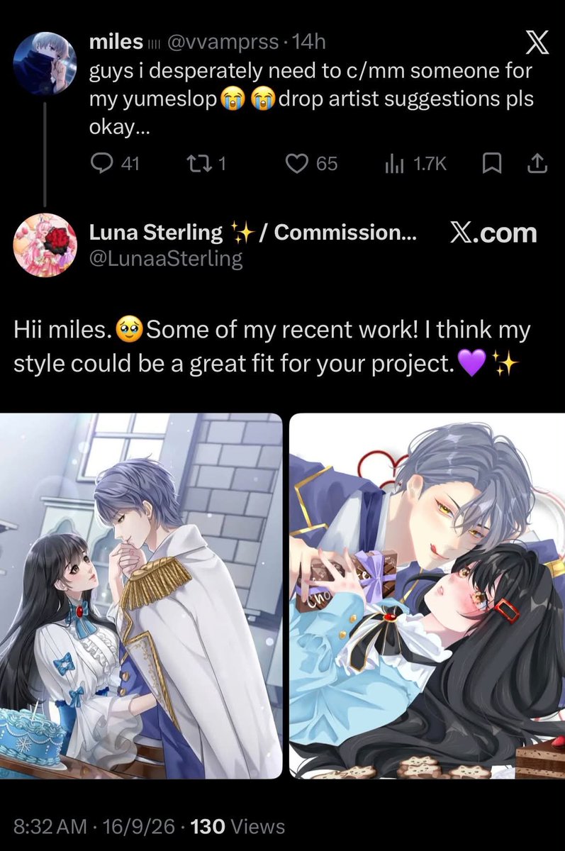 ErikaSky05's tweet photo. Hello @LunaaSterling , please I ask you to delete all my Yume art that you have stolen. I see you are trying to promote and sell art to people but with stolen goods, including my yume art. All my art has its own artist, and I pay for it! 🤬 https://t.co/HjNm8Hgrwv