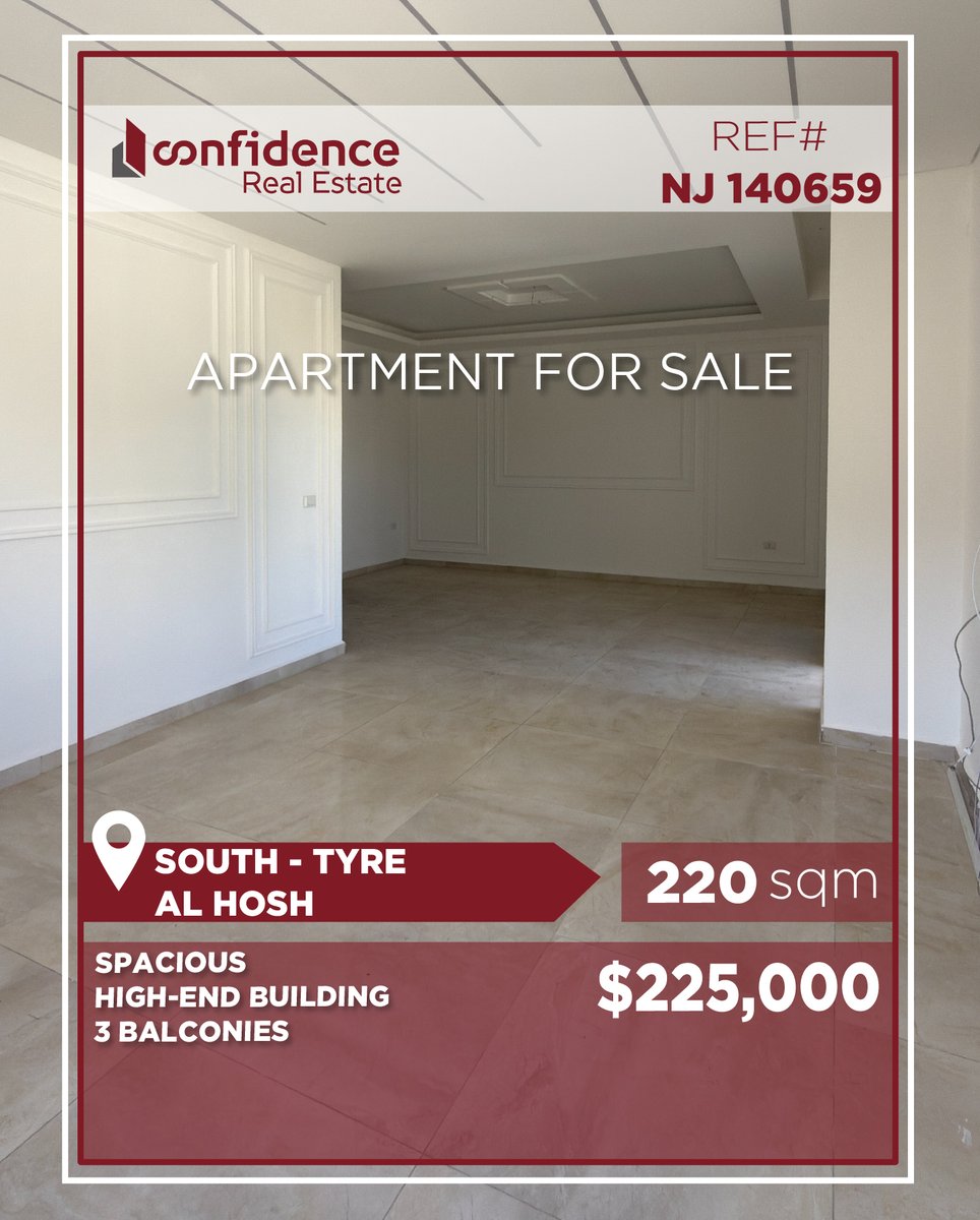 confidence_cre's tweet photo. FINAL PRICE: $225,000 + 2.5% Commission
220 SQM Apartment for Sale Al Hosh – Sour
FOR MORE INFO DO NOT HESITATE TO CONTACT US:
71000850
REF#NJ140659
#AlHosh #Sour #Tyre #ApartmentForSale #LebanonRealEstate #LebanonProperty 
#CONFINJ
A https://t.co/WvEcpeIciF