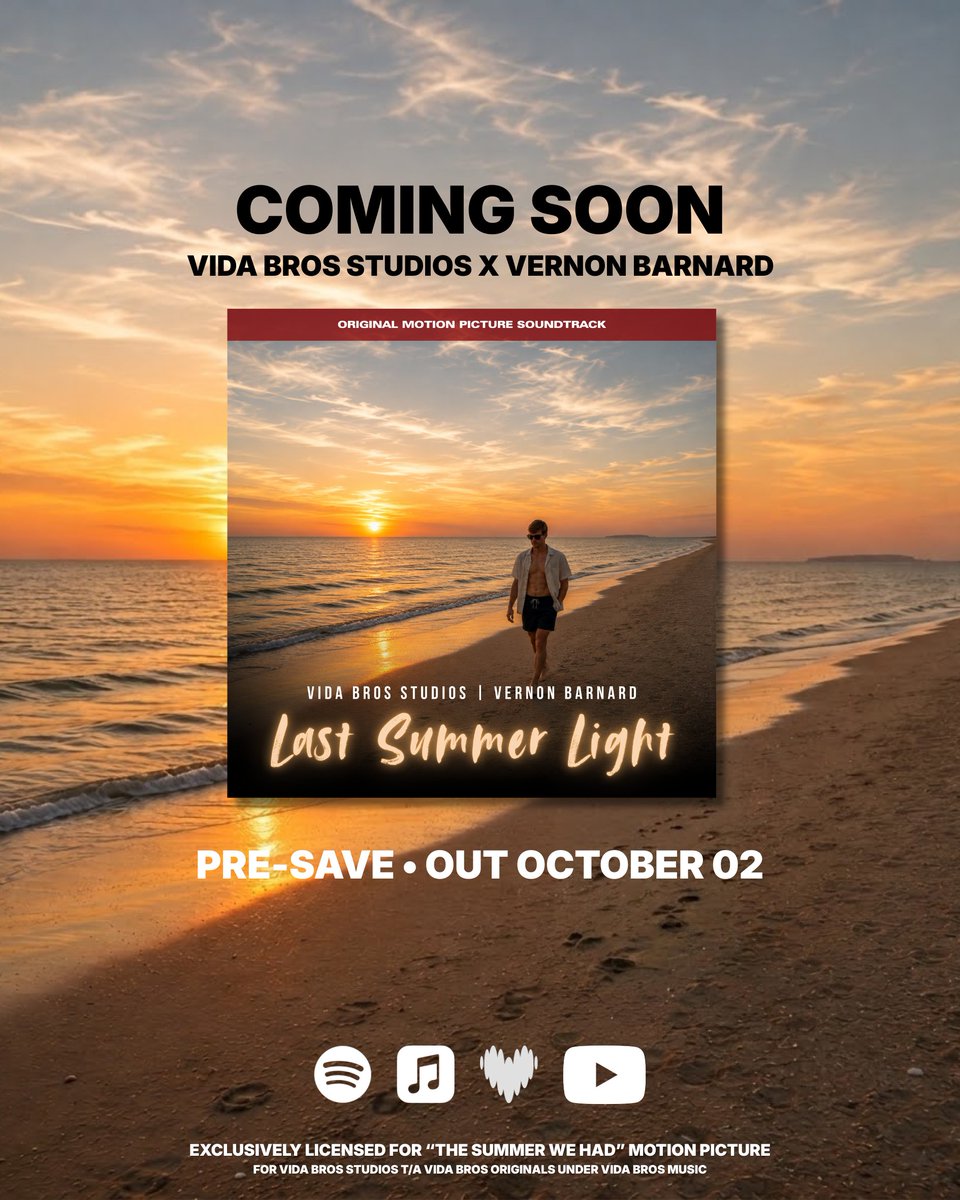 VidaBrosStudios's tweet photo. Brand new song dropping Friday, October 2nd!  Don't miss out on LAST SUMMER LIGHT by @vernonbarnard, written and produced by Jean-Marc Meyer exclusively for the film THE SUMMER WE HAD.

Pre-save it now on Spotify and Apple Music and be the first to listen! https://t.co/yr15sbBqUP