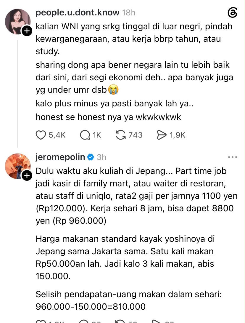 LambeSahamjja's tweet photo. jerome polin cerita pengalaman waktu kuliah di jepang:
- kerja sambilan
- jadi kasir family mart, pelayan restoran, atau staf uniqlo
- gaji rata2 1.100 yen per jam atau sekitar 120.000
- kerja 8 jam sehari dapat 8.800 yen atau sekitar 960.000
- harga makan standar di jepang mirip jakarta
- sekali makan sekitar 50.000
- makan 3 kali sehari habis 150.000
- jadi sisa uangnya sehari 960.000 dikurangi 150.000 sama dengan 810.000