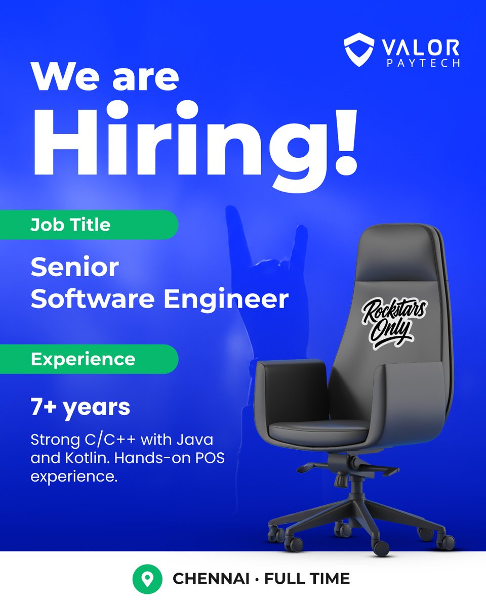 ValorPayTech's tweet photo. 📢 We're hiring.

If you've shipped software that runs on payment terminals, we want to talk.
Senior Software Engineer — POS &amp; Payments
📍 Chennai · 7+ yrs

Apply Now: https://t.co/6TXUGCaQ70

#Hiring #Developer #SoftwareEngineer https://t.co/0XWcd4vnJV