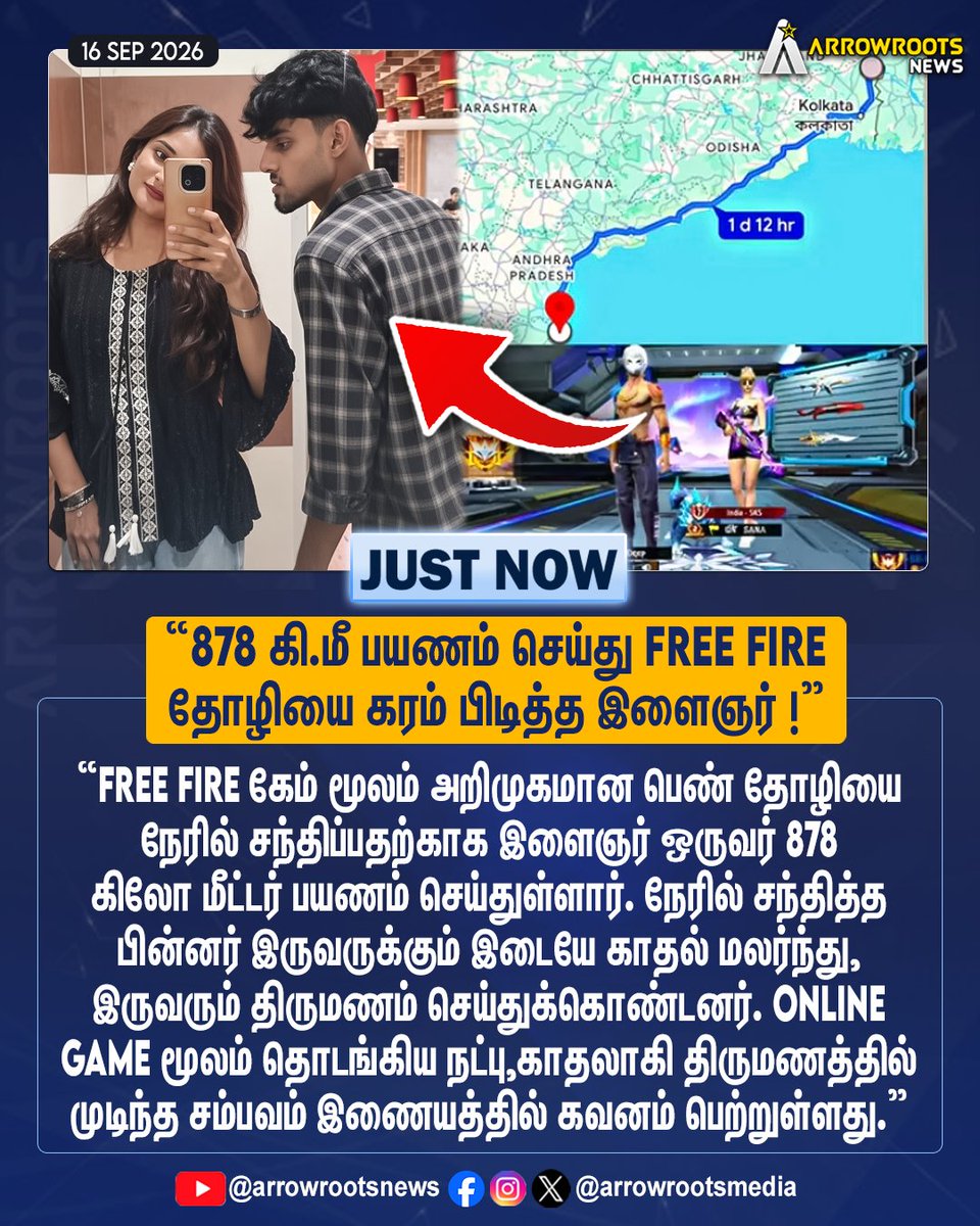 arrowrootsmedia's tweet photo. "878 கி.மீ பயணம் செய்து Free Fire
தோழியை கரம் பிடித்த இளைஞர் !"
#FreeFire #FreeFireLove #OnlineLove #arrowroots https://t.co/fJdfLSfeTU