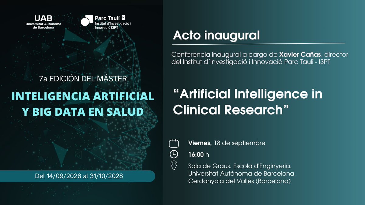 I3ptT's tweet photo. 🚀Este viernes inauguramos la 7ª ed. del Máster en #InteligenciaArtificial y #BigData en Salud. ¿Nos acompañas?

🔬Una nueva edición para seguir formando profesionales capaces de aplicar la IA y los datos a los retos de la salud y la investigación clínica

https://t.co/phnpG7SX9c https://t.co/OH1Zr7o3HX