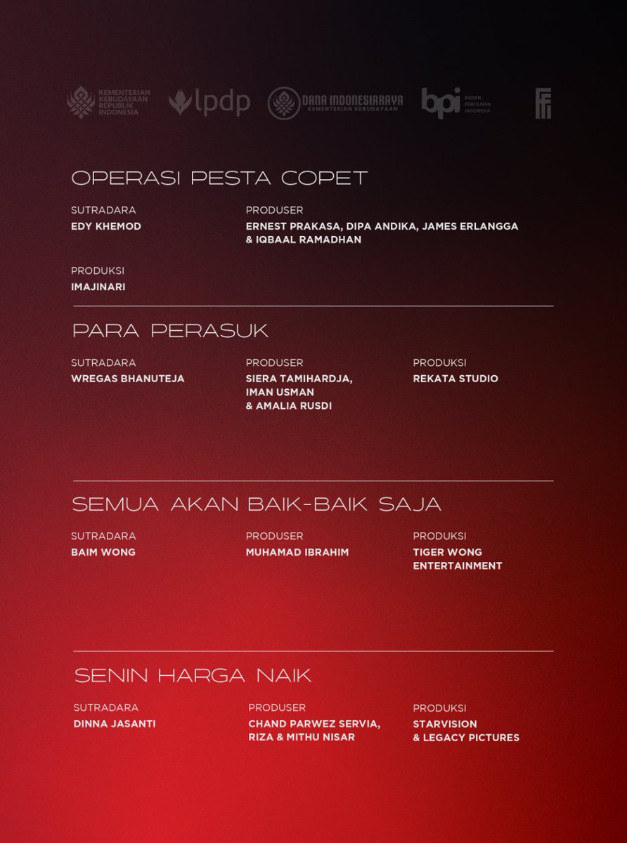 HabisNontonFilm's tweet photo. 15 film yang lolos Seleksi Awal tahap 2 Festival Film Indonesia. Selanjutnya bakal dipilih untuk masuk nominasi.

ABADI NAN JAYA
BADUT GENDONG
DOPAMIN
GHOST IN THE CELL
IKATAN DARAH
MONSTER PABRIK RAMBUT
NA WILLA
NOBODY LOVES KAY
OPERASI PESTA COPET
PARA PERASUK
SEMUA AKAN BAIK-BAIK SAJA
SENIN HARGA NAIK
SURAT UNTUK MASA MUDAKU
TUKAR TAKDIR
TUNGGU AKU SUKSES NANTI