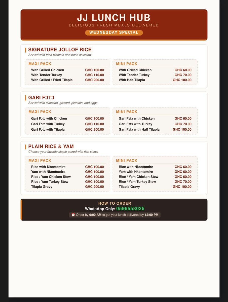 JJLunchHub's tweet photo. Craving delicious, fresh Ghanaian meals? JJ Lunch Hub has you covered! 😋
🍛 Signature Jollof
🥑 Gari Foto
🍚 Rice &amp; Yam with rich stews
🍗 Chicken | Turkey | Tilapia! Kontonmire
📲 WhatsApp: 0596553025
⏰ Order by 9:00 AM for delivery by 12:00 PM.
Your lunch. Your choice. https://t.co/0SvtRYLQkj