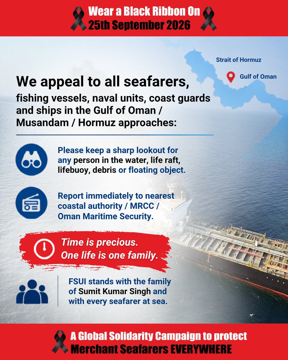 FSUIINDIA's tweet photo. Seafarers are the Heartbeat of the Ocean “Stop Killing Them.”

Honor the Fallen. Protect the Living. 
Join the global solidarity campaign. 
Wear a black ribbon on 25th September 2026. 
Stand with seafarers.

#HeartbeatOfTheOcean

@dgshipping_IN @ITFAPAC @shipmin_india @imohq https://t.co/pwU0NoHu8l
