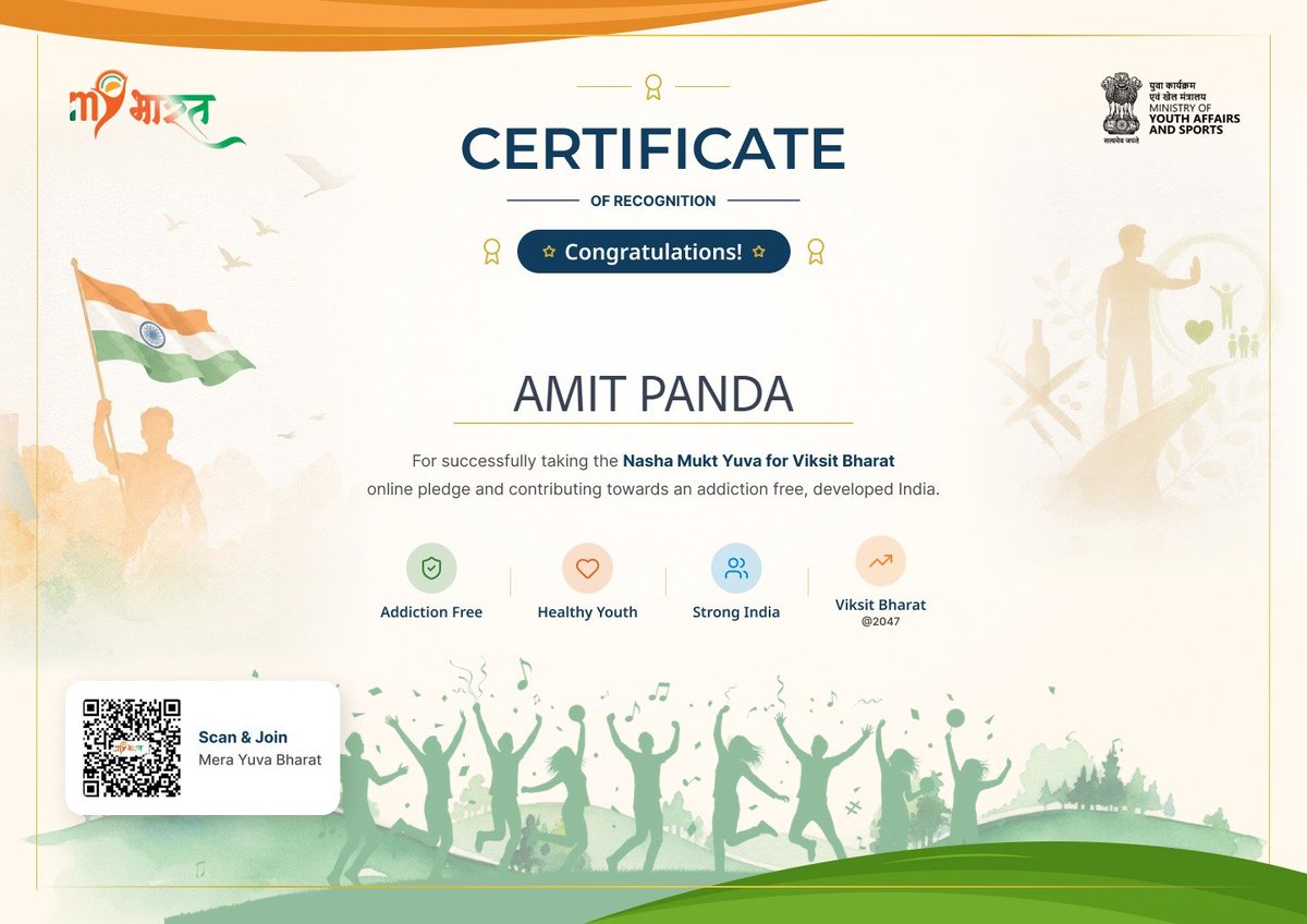 PintuAmit's tweet photo. I, do hereby pledge that
I will not consume any harmful or intoxicating substance in any form or for any purpose, and I will also encourage others to stay away from intoxicants.
I resolve to make an active contribution towards building a Nasha Mukt Bharat (Drug-Free India), and https://t.co/KaDL23grV5