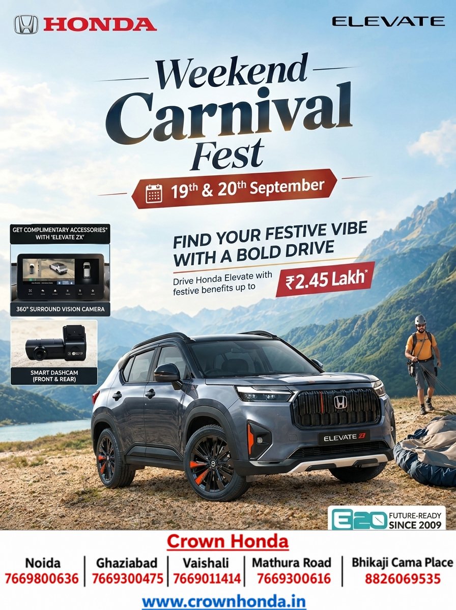 honda_crown's tweet photo. ✨ WEEKEND CARNIVAL FEST IS HERE! ✨

📅19th &amp; 20th September

🔥 Festive Benefits up to ₹2.45 Lakh
🎁 Complimentary Accessories with Elevate ZX
📹 360° Surround Vision Camera
🎥 Smart Dashcam (Front &amp; Rear)

*Terms &amp; Conditions Apply.

#HondaElevate #HondaCars #HondaIndia https://t.co/CxA5BoLzwP