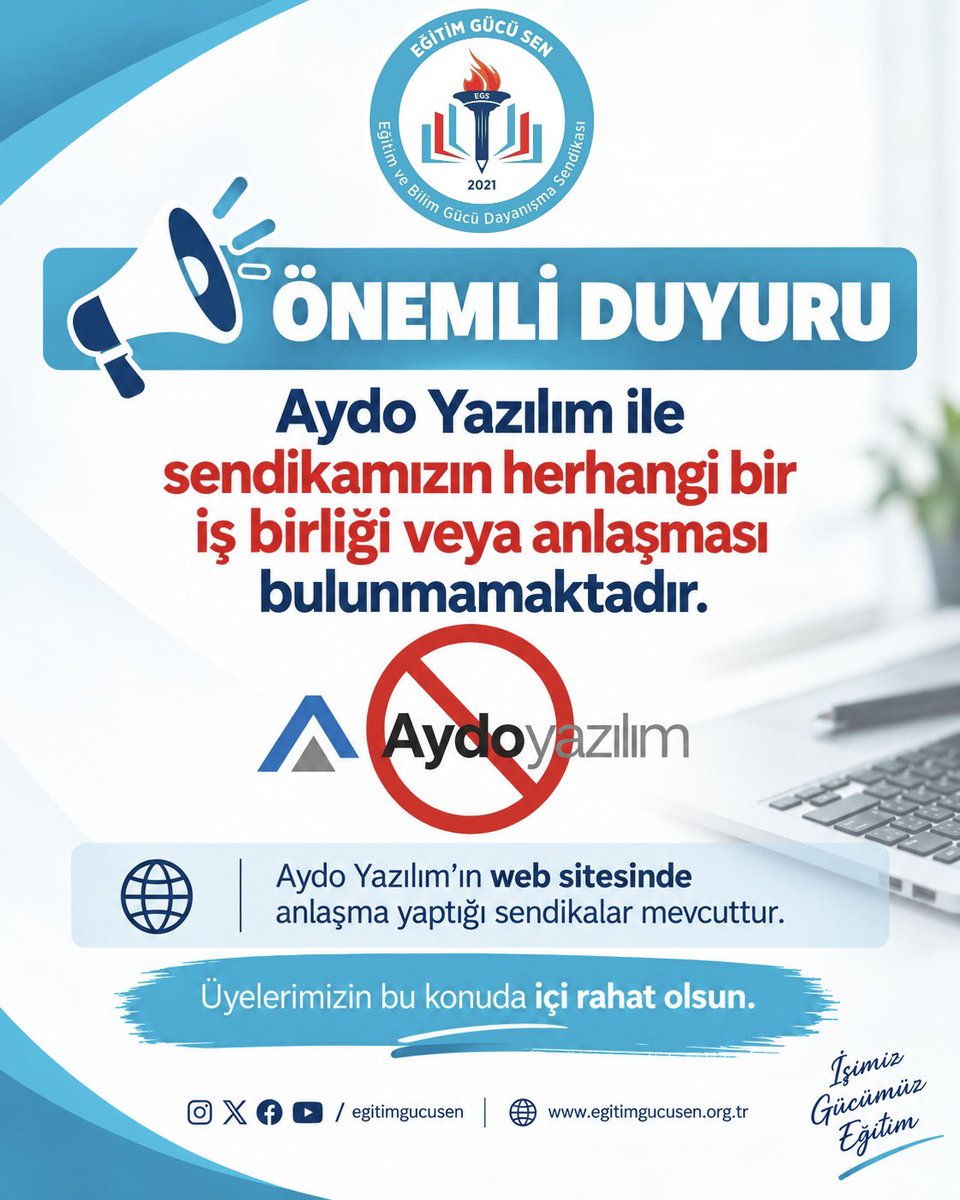 egitimgucusen's tweet photo. Üyelerimizin gizliliği ve kişisel verilerinin güvenliği bizim için önemlidir.

Eğitim Gücü Sen olarak üyelerimizin bilgilerini ve güvenliğini korumayı temel sorumluluklarımızdan biri olarak görüyoruz.

Bu doğrultuda açıkça belirtmek isteriz ki; Aydo Yazılım ile sendikamızın herhangi bir iş birliği, anlaşması veya veri paylaşımı bulunmamaktadır.

Üyelerimizin bu konuda içi rahat olsun.

Aydoyazılım ile çalışan sendikaların isimlerinin bulunduğu Aydoyazılıma ait web sitesi:
https://t.co/sAr1E8nDRa