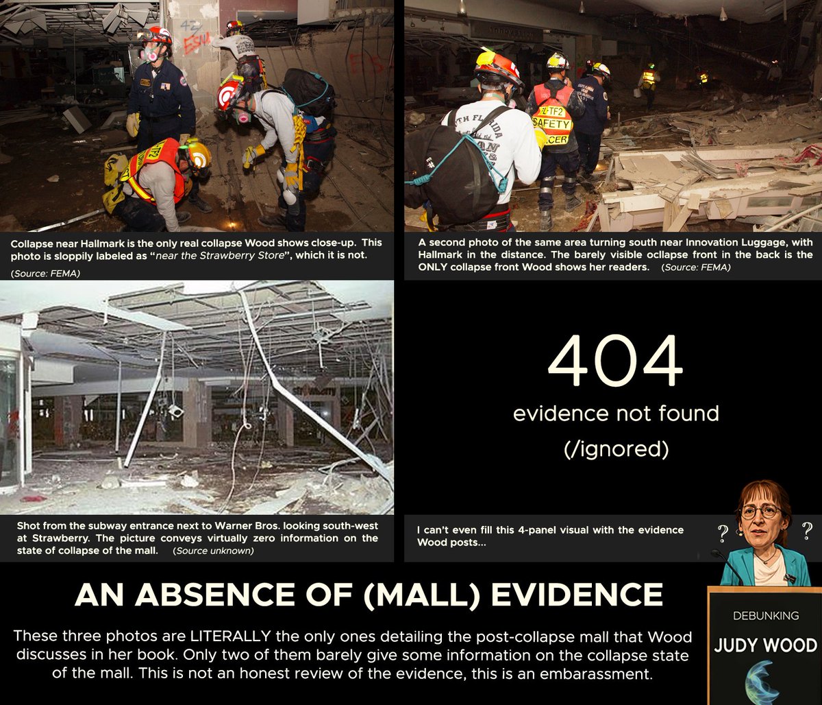 B3ardMonkey's tweet photo. n) Wood’s treatment of the Concourse mall is embarrassingly shallow and deceptive.

o) She shows a mind-blowing three (3!) photographs from the mall after 9/11,  all from the relatively unharmed east part of the mall, farthest away from the towers. My tweet on the mall contained MORE evidence than Judy’s entire 500+ page book!

p) If she wanted to discuss which parts of the Concourse level collapsed, photos of intact stores like Innovation Luggage and Strawberry are absolutely pointless by themselves.

q) The collapse front near Hallmark is the only somewhat collapsed area she dares show us, but Wood simply downplays the severity of the collapse and moves on.

r) Astonishingly, for the Warner Brothers store, she opts to show items that were recovered and put in storage, instead of the store itself, or the items as they were found! And yes, these photos exist. Plenty!

s) One of the three real mall photos is taken near the Strawberry store according to Wood, but is in fact taken at Hallmark. Though not that important, it shows the lack of knowledge and depth of the “research” done.

t) When plotted on a map against the known collapses on Concourse level, it becomes clear how deceptive Wood’s cherry-picked evidence really is.

u) A photo of the East Hudson loading dock under WTC 4 and 5 is shown intact, which is not surprising as we already the mall above it intact as well, as it’s roughly under the Warner Brothers store. Not only a pointless photograph, but Wood also leaves out, again, the collapse that DID happen in the ramps connecting to the dock itself.