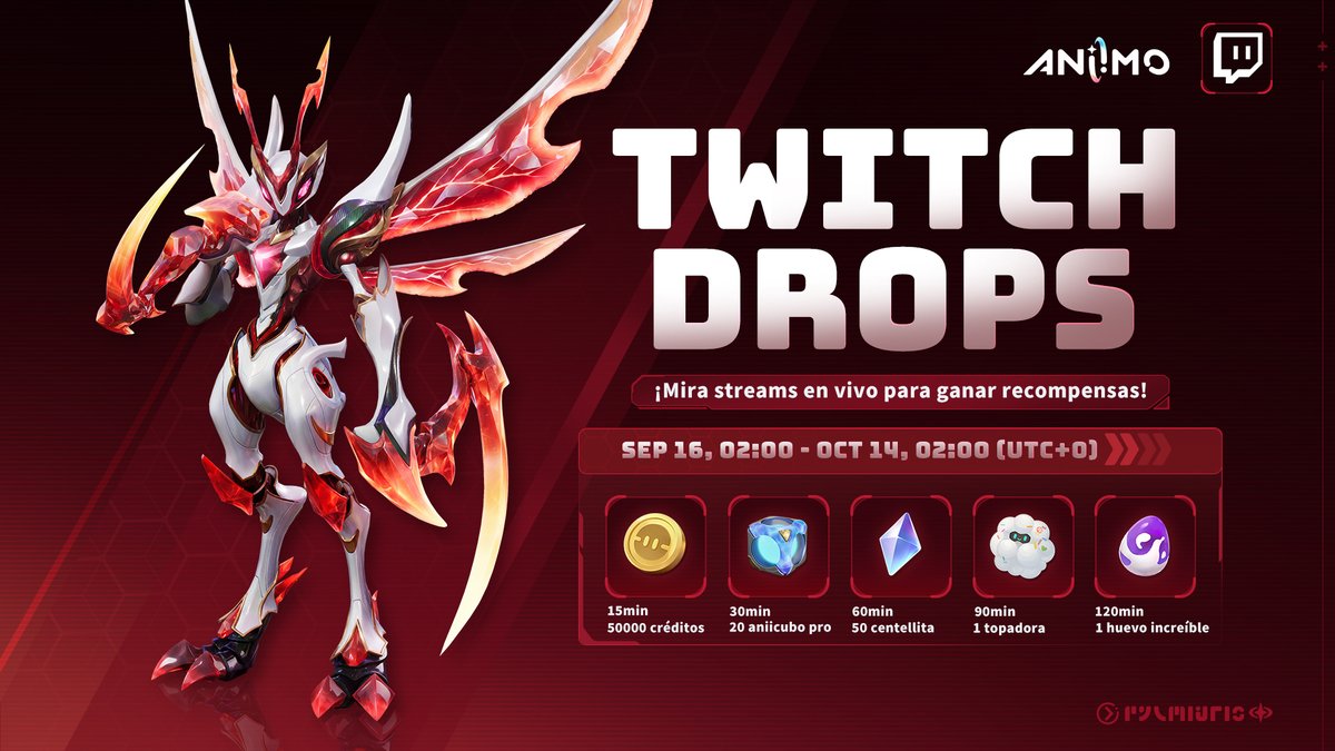 Aniimo_ES's tweet photo. 📣 Por fin ha llegado: los Twitch Drops de Aniimo ya están disponibles.

¡Mira cualquier retransmisión en directo de Aniimo en Twitch mientras el evento esté activo para conseguir una Topadora, un Huevo de Élite y mucho más!

📆 El evento se celebra del 15 de septiembre a las 22:00 (UTC-4) al 13 de octubre a las 22:00 (UTC-4).

Para más información 👉  https://t.co/DLoNViBQmU

#Aniimo #AniimoGlobalLaunch #AniimoPCConsole916 #AniimoMobile923