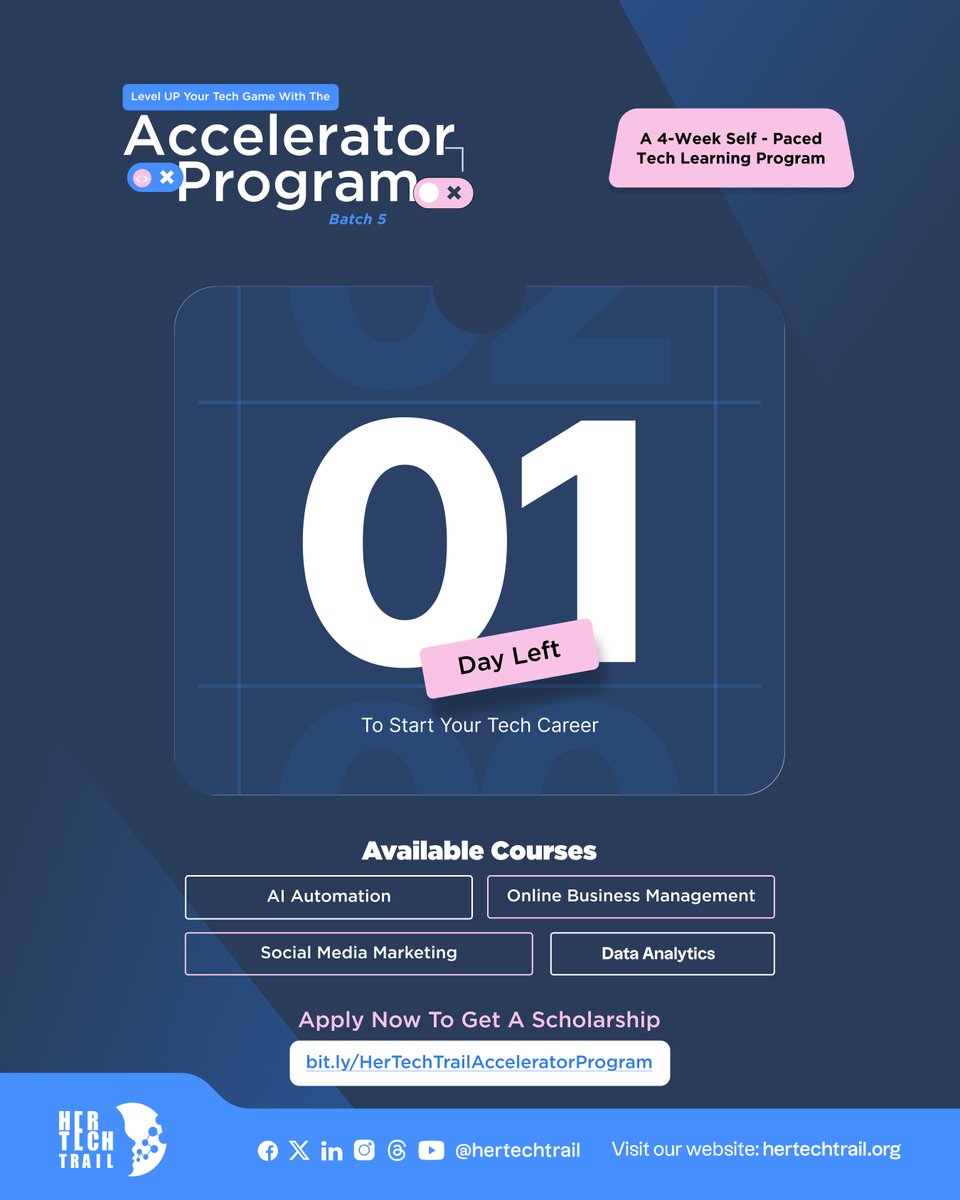 hertechtrail's tweet photo. 1 day before applications closes and here's exactly what you'd be walking away from if you don't register now:
🤖 AI Automation
💼 Online Business Management
📱 Social Media Marketing
📊 Data Analytics
All tuition-free. All self-paced. With a globally recognized certificate https://t.co/EIHc8sxxaH