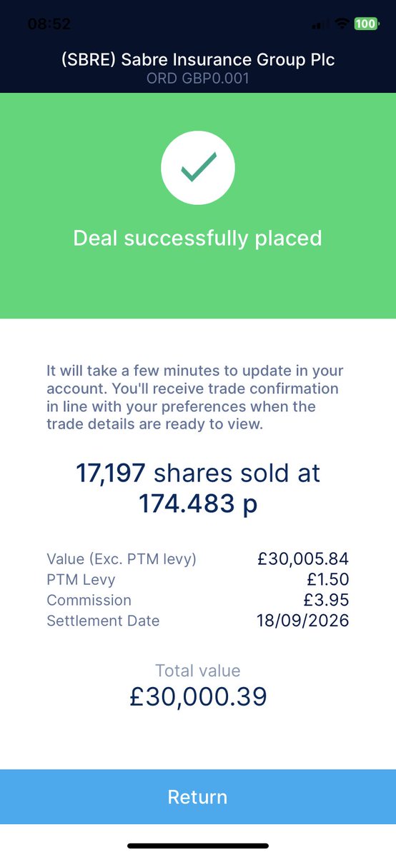 KevBuschhold's tweet photo. I sold my SIPP position in #SBRE xd for a small profit £2.05 and their dividend is due on 23.09 and will generate £705.08 making a total return of £707 for a 4 week holding (bought 18.08) https://t.co/TqgnmWxLr5