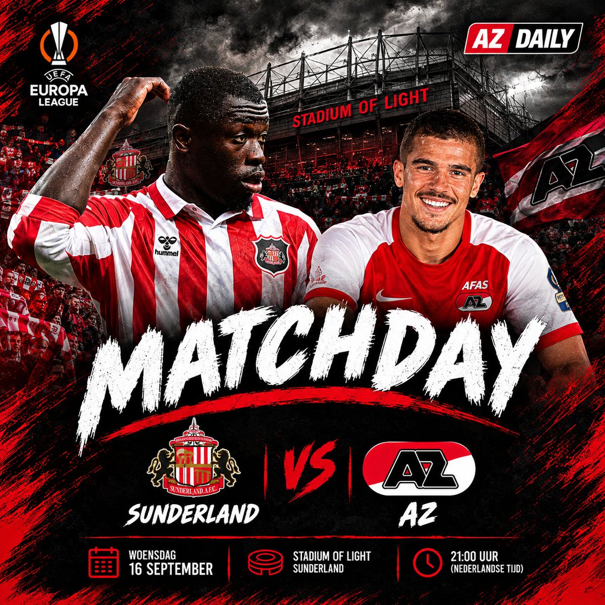 AZDaily072's tweet photo. 🇪🇺 MATCHDAY! 🔴⚪️

#AZ begint vanavond aan de nieuwe Europa League-campagne met een uitwedstrijd tegen #Sunderland. De Alkmaarders nemen het om 21.00 uur op tegen de Engelsen in het Stadium of Light.

#AZAlkmaar #SUNAZ #Goes #Brobbey #EuropaLeague https://t.co/KSQV4ITYRg