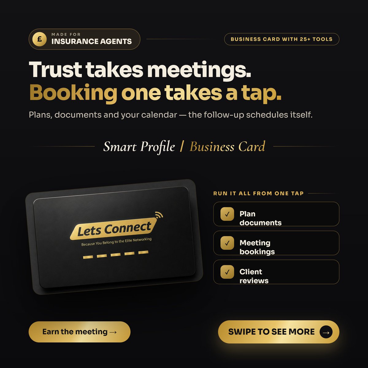 letsconnectcard's tweet photo. Made for insurance agents 🛡️

Trust takes meetings. Booking one takes a tap — plans, documents and your calendar in one motion.

£49 lifetime at letsconnectcard

#Insurance #SmartBusinessCard https://t.co/wCGjHdU1Gu
