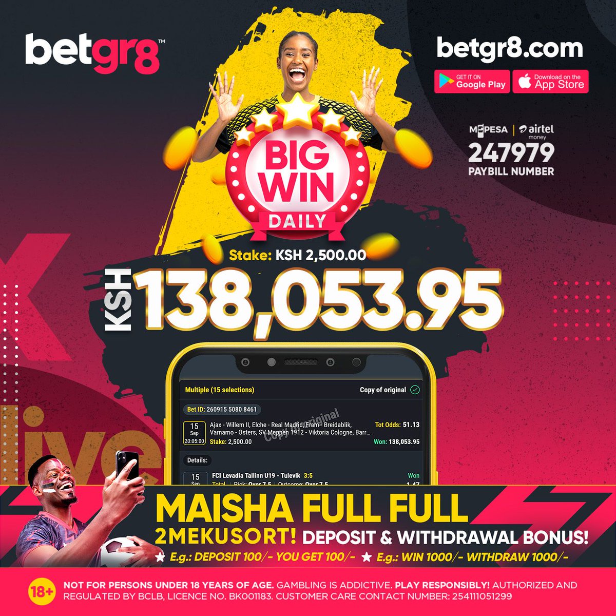 betgr8ke's tweet photo. Wednesday = WINS!
Kudos to our Midweek Champs! Join the Winners!
GR8 Odds, Daily WINS with ZERO DEDUCTIONS!
View Tickets ๐ฒ https://t.co/8xnRkNoo5d Bet IDs: 26091551560681, 26091550808461, 26091575373355, 26091583100076
18+ | #betgr8 #BigWin #Livebet #MaishaFullFull #begr8 https://t.co/K62g67l3ZE