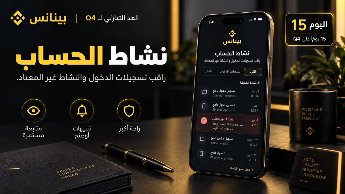 BinanceArabic's tweet photo. 👀 باقي 15 يوم على Q4

معلومة اليوم: نشاط الحساب

راجع سجلات الدخول والنشاط الأخير في حسابك بشكل دوري، وتأكد أنك تتعرّف على كل جهاز ومحاولة دخول.

أي نشاط غير معتاد يستحق المراجعة فوراً.

تابع @BinanceArabic
أعد نشر منشور اليوم
وسجّل في بينانس مع إكمال التحقق للمشاركة:

https://t.co/kv2J8VUItY

كل يوم تشارك فيه = فرصة إضافية للفوز.

#UptoberCountdown