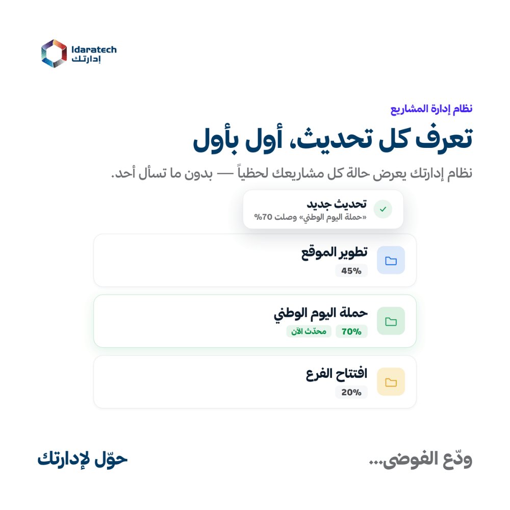 Idaratech's tweet photo. «تقريباً ٦٠٪»… «اسأل فلان»… «فيه تأخير بسيط» 🤷‍♂️
إذا هذي ردود فريقك، محتاج إدارتك ✅ https://t.co/pq1IuUmWDh