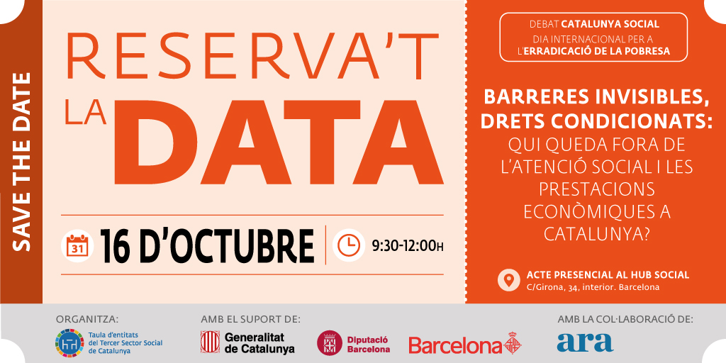 Taula3sector's tweet photo. 📌 16/10: Reserva't la data!

Amb motiu del #DiaInternacionalPobresa, organitzem un nou debat #CatalunyaSocial sota el títol 'Barreres invisibles, drets condicionats: qui queda fora de l’atenció i les prestacions socials a Catalunya?'.

📍 @hubsocialbcn
👆 https://t.co/BcVIsghWsV https://t.co/iy1TlnD2hg