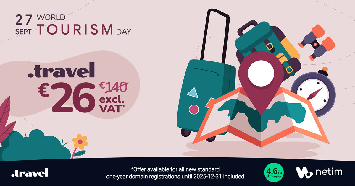 Netim_com's tweet photo. ✈️🗓️ Today is #WorldTourismDay!

Whether you are a #tourism agency, a #globetrotter, a #travel blogger or a tour guide, take your visitors on a journey with a .TRAVEL #DomainName 🌎🧳

📧 1 email address included

👇 Check availability
https://t.co/GXBK413L0n https://t.co/WIKCQSvmnH