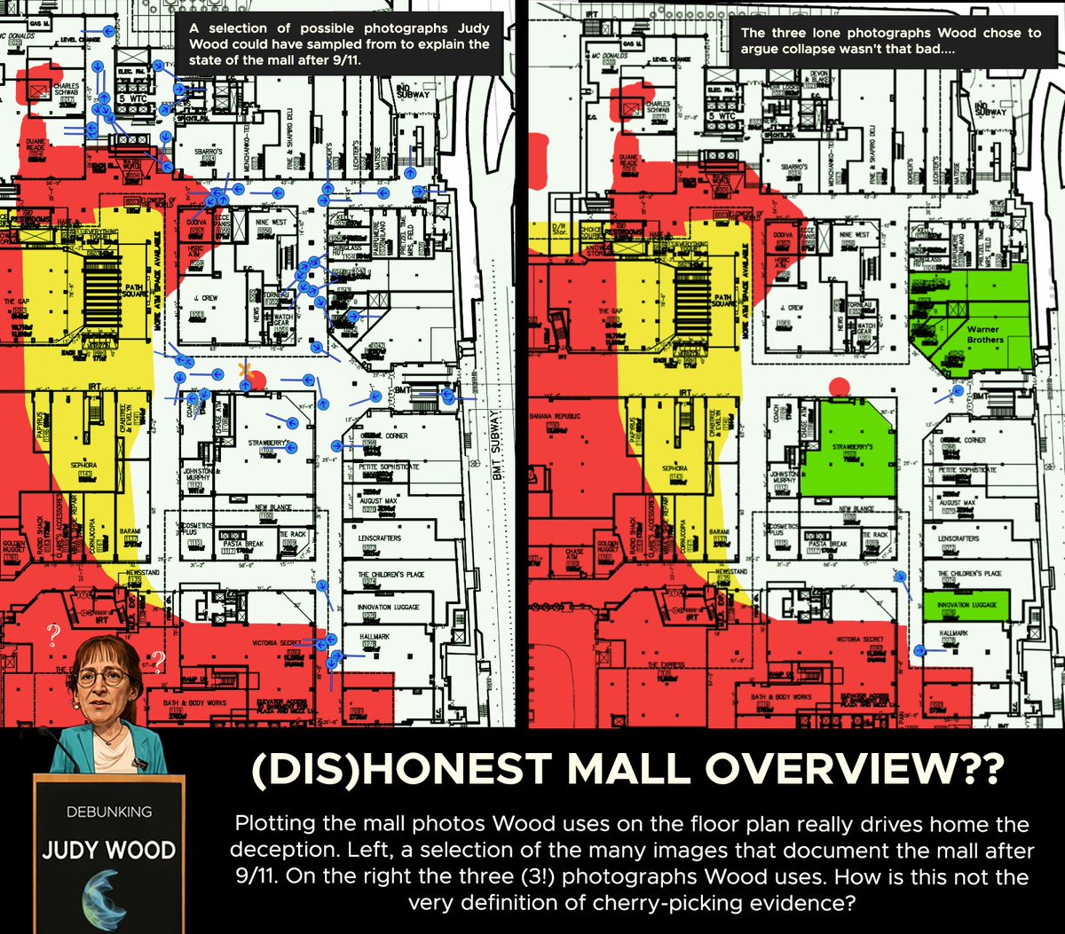 B3ardMonkey's tweet photo. "nah man trust me, she aint cherry-picking her data" 

😁😁 Sure sure. Please explain the below visuals/points...

And point you to photographs? Have you suddenly lost your ability to use the internet? Start witht he FEMA and Thomas Buchta photo series, and the Kurt Sonnenfeld GZ videos.

You have Google, or Chatgpt. Go go go