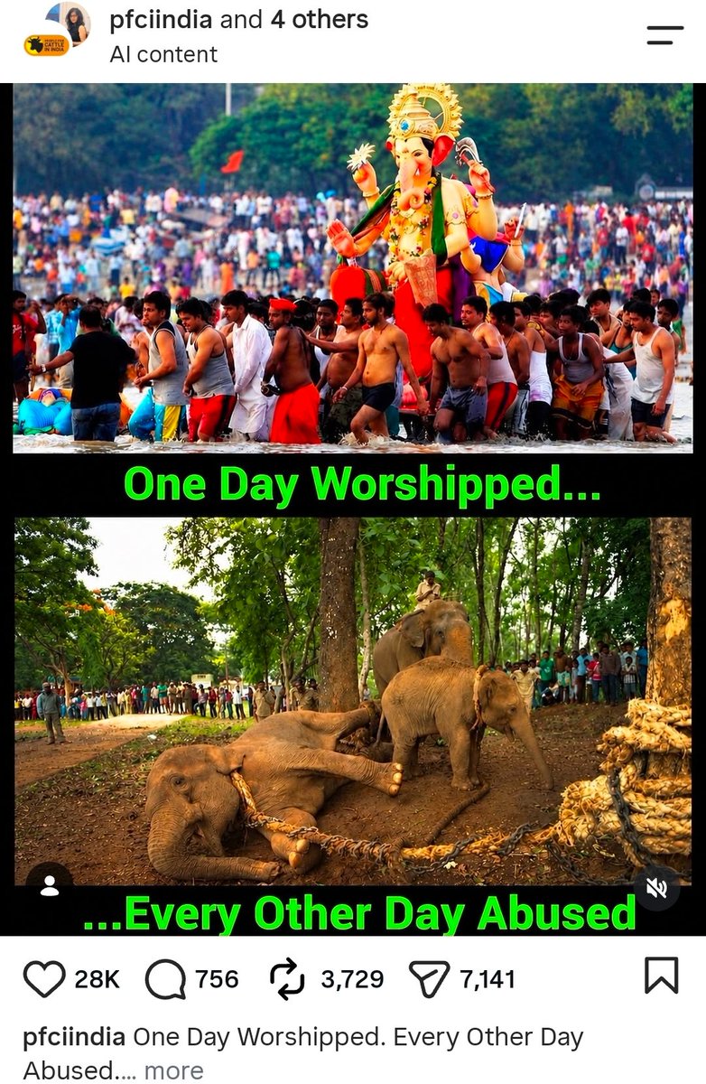Incognito_qfs's tweet photo. Congress leader Lavanya Ballal Jain collaborated with a page peddling hate against Hindus.

They used AI generated image of elephants tied to trees to peddle their propaganda against Hindu temples.

PFCI - It means people For Cattle In India. 

If you check this page, you will find lots of posts about elephants, dogs and cats and very few about cows and goats.

Is it because cows and goats is food for someone??