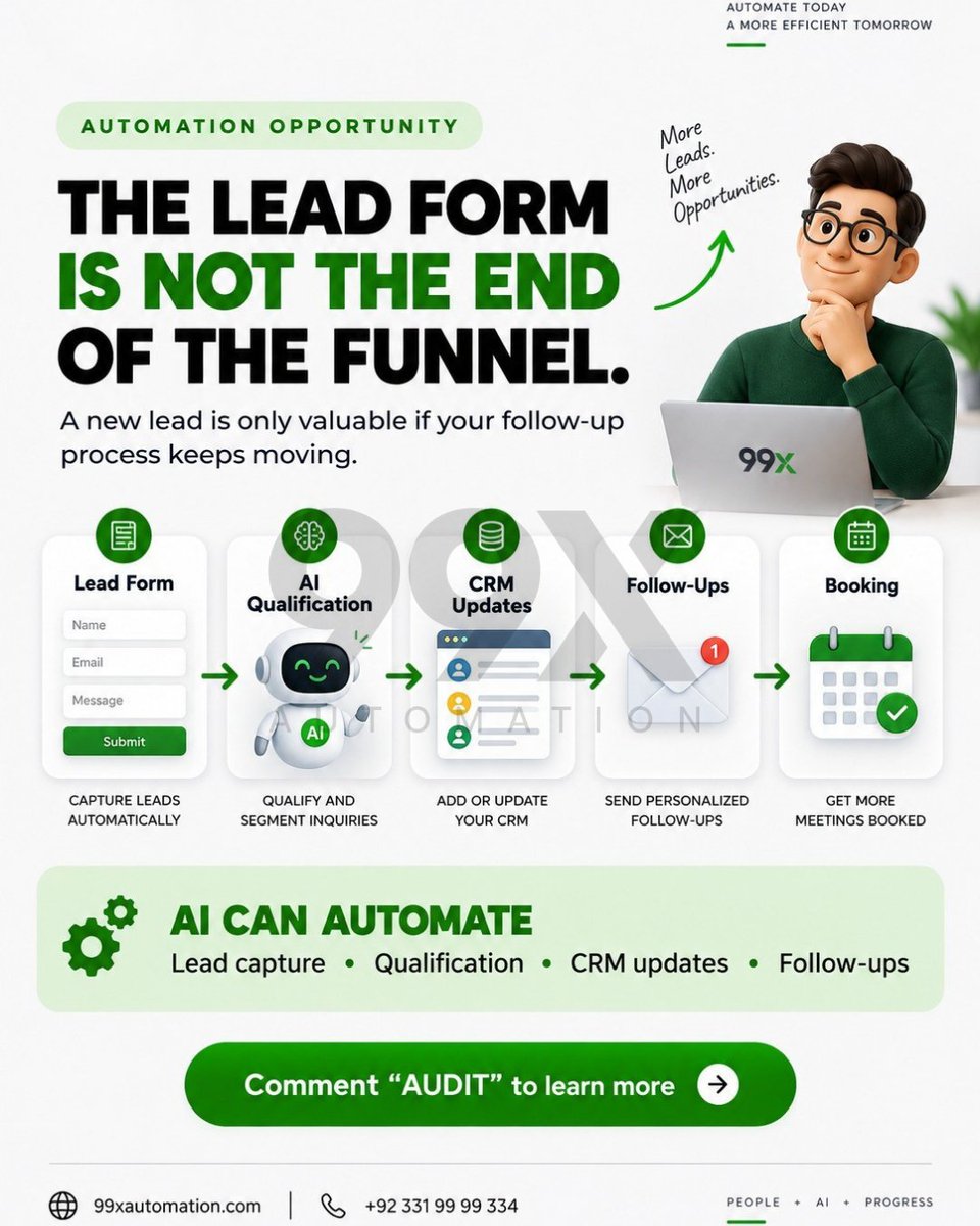 99xautomation's tweet photo. The lead form is just the beginning. 👀

Getting a new lead means nothing if the follow-up process breaks down.
💬 Comment “AUDIT” and let’s take a look. https://t.co/qPlxQzkFyD