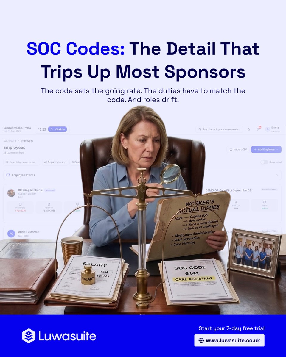 LuwasuiteUK's tweet photo. Luwasuite helps validate SOC code alignment and monitor sponsored roles, so potential issues surface earlier.

👉 Stay ahead of sponsor compliance at Luwasuite⁠

#soccodes #sponsorlicence #goingrate #sponsorcompliance #luwasuite https://t.co/JZISZa4dq5