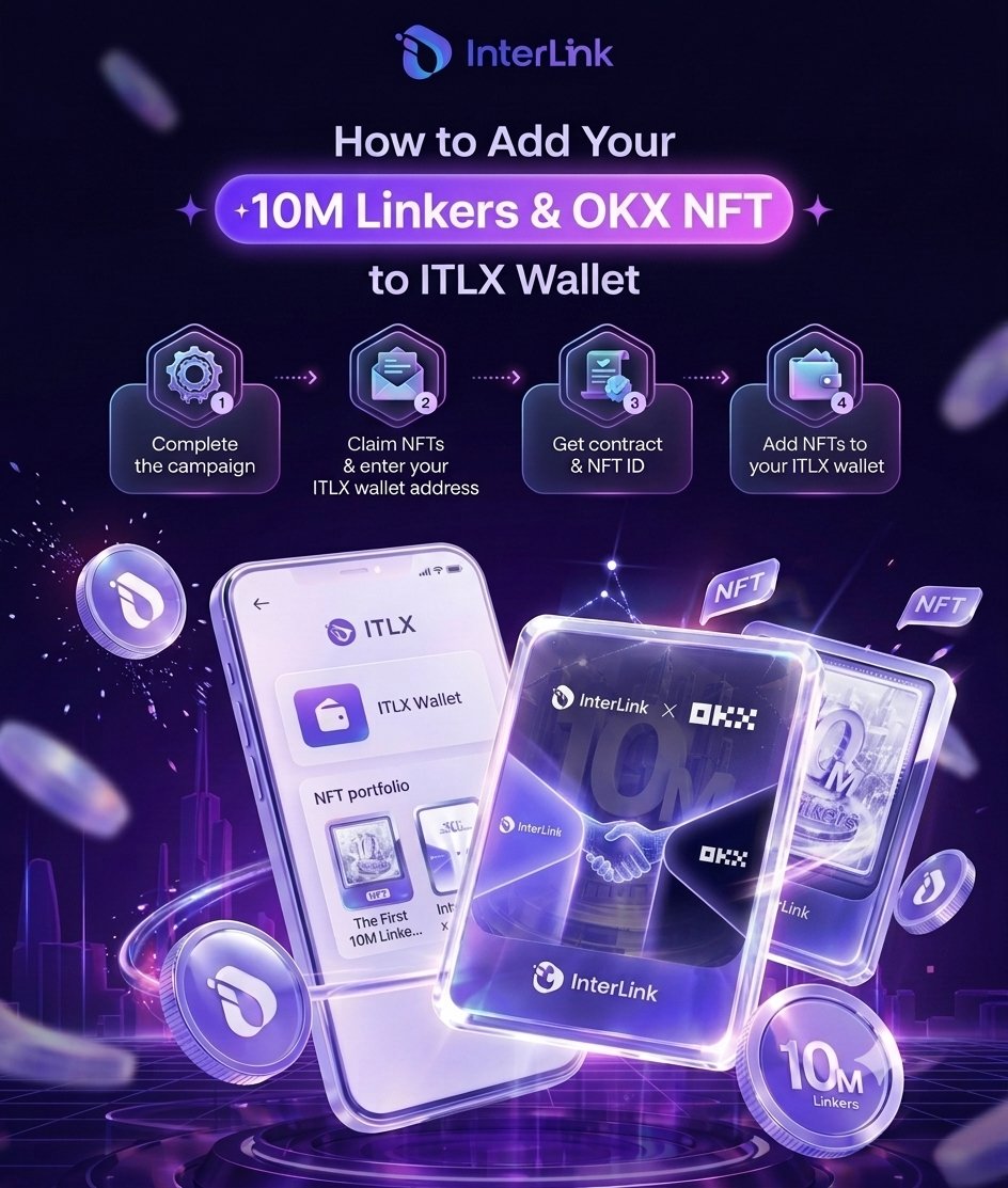 haseeb9229's tweet photo. How to Add your NFT To ITLX Wallet
🪪10M Linkers+Okx NFT→ITLX Wallet
1️⃣ Complete campaign tasks
2️⃣ Claim NFT + enter ITLX Wallet
3️⃣ Tap Claimed→copy Contract Address &amp; NFT ID
4️⃣ ITLX Wallet→ NFT→add details
✅ NFT added!
🎁 ITL arrives within 1–3 days
#InterLink #ITLG #ITL https://t.co/oMdWprivb4