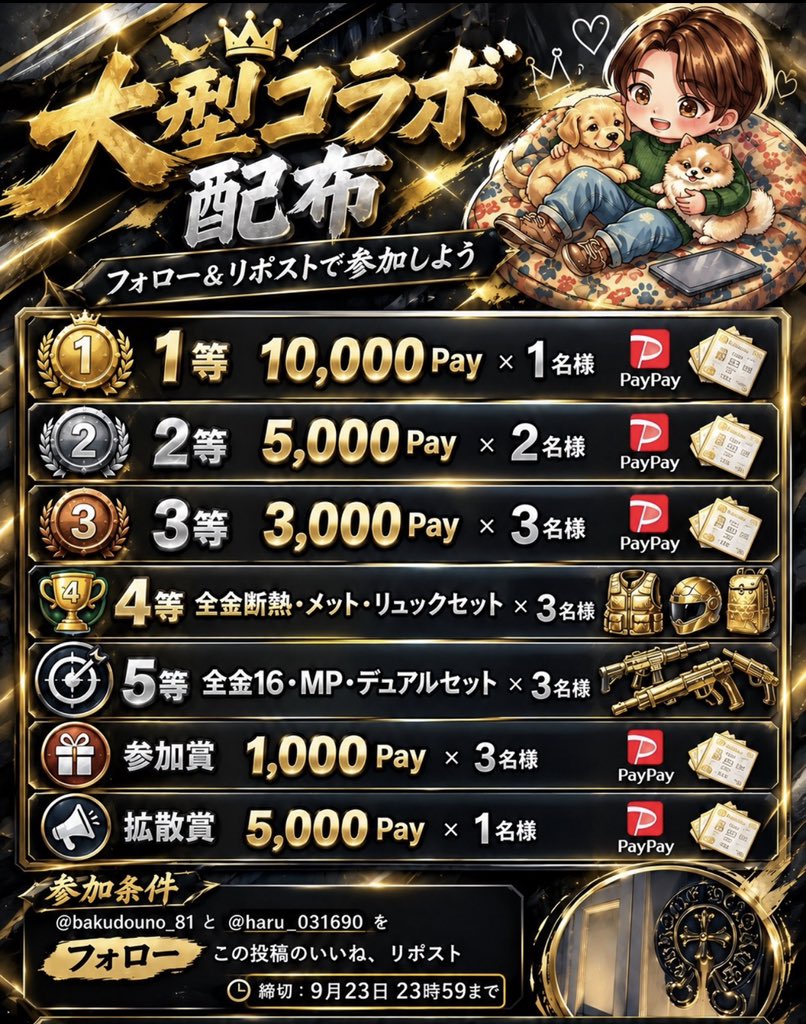 haru_031690's tweet photo. 🎁コラボ配布🎁

🏆 賞品内容

🥇 1等
💰 10,000 Pay × 1名

🥈 2等
💰 5,000 Pay × 2名

🥉 3等
💰 3,000 Pay × 3名

🏆 4等
🛡️ 全金断熱・メット・リュックセット × 3名

🎯 5等
🔫 全金16・MP・デュアルセット × 3名

🎉 参加賞
💰 1,000 Pay × 3名

📢 拡散賞
💰 5,000 Pay × 1名

📌 参加方法
① @bakudouno_81 をフォロー
② この投稿をRT＆いいね
拡散賞は#ペニンシュラで引用RT‼️

※俺のフォローは任せます！😎

⏰ 締切：9月23日 23:59まで！

たくさんのご参加お待ちしてます🔥
#ペニンシュラ   #ペニンシュラ配布