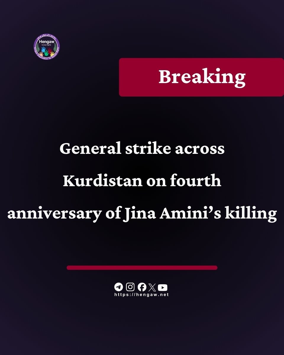 Hengaw_English's tweet photo. General strike across Kurdistan on fourth anniversary of Jina Amini’s killing

Hengaw has verified through videos and information received from local sources that businesses across Saqqez, the birthplace of Jina Amini, are observing a complete strike on Wednesday, September 16, 2026, marking the fourth anniversary of her state killing.

Hengaw has also confirmed widespread strikes in Sanandaj (Sine), Divandarreh, Mahabad, Bukan, and Oshnavieh (Shno).

The strike follows a call by the Alliance of Iranian Kurdistan Political Parties.