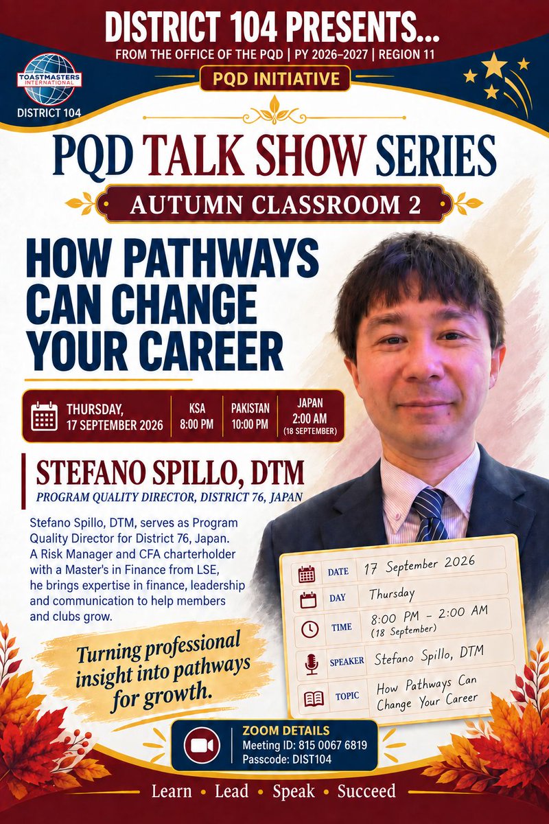 District104TI's tweet photo. How Pathways Can Change your Career ?
#tosmasters
🗓️ Date: Thursday, 17th September 2026
⏰ Time: 8:00 PM KSA | 10:00 PM Pakistan 🇵🇰
*📍 Zoom —link to follow 

@Banaamah https://t.co/hlRPGvFPUH