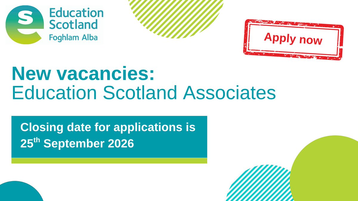 EducationScot's tweet photo. We are seeking applications for a range of Education Scotland Associates (ESAs) with a variety of specialisms.

👉 Children &amp; Young People Improvement Collaborative
👉 Curriculum Improvement Cycle – Social Studies
👉 Supporting Attendance

More info: https://t.co/lbjTiSqCVn https://t.co/JQ1FFaXw7r