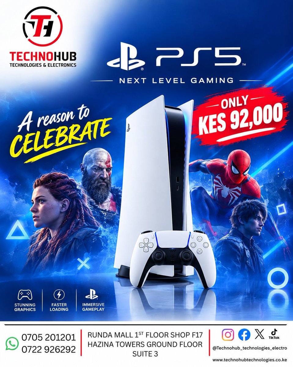 technohubtech's tweet photo. Level up your gaming! 🔥🎮
PS5 — KES 92,000
Available now at Technohub Technologies.
📞 0705 201201 | 0722 926292
#fifa2026 #ps5 #technohub #spiderman https://t.co/tQAUsvHu3X