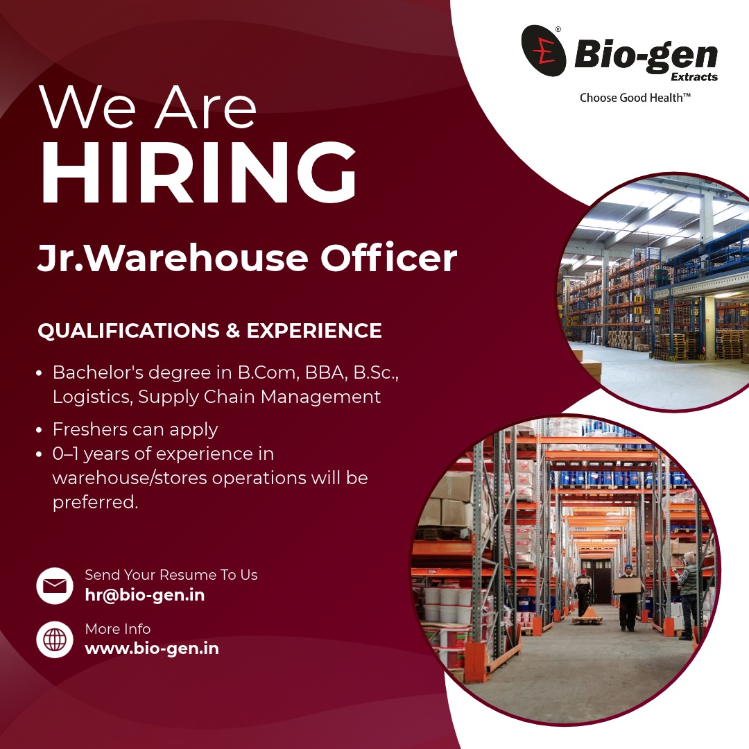 BiogenExtracts's tweet photo. 🚀 We are looking for passionate freshers to join our team as Jr. Warehouse Officer

🎓 Qualification: https://t.co/Oq8Xzswv50, BBA, https://t.co/Kbbo3UYwGi, Logistics &amp; Supply Chain Management
📍 Location: Dobaspet, Bangalore 

📩 Send your CV to: hr@bio-gen.in

#BiogenExtracts https://t.co/r2xe3t7IUd