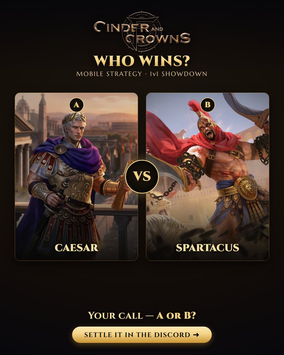 CinderNCrowns's tweet photo. Caesar vs Spartacus, 1v1 — your call, A or B? Join us 👉 https://t.co/ZelSeeevGs #CinderCrowns #StrategyGames https://t.co/gQvYEt8Tyb