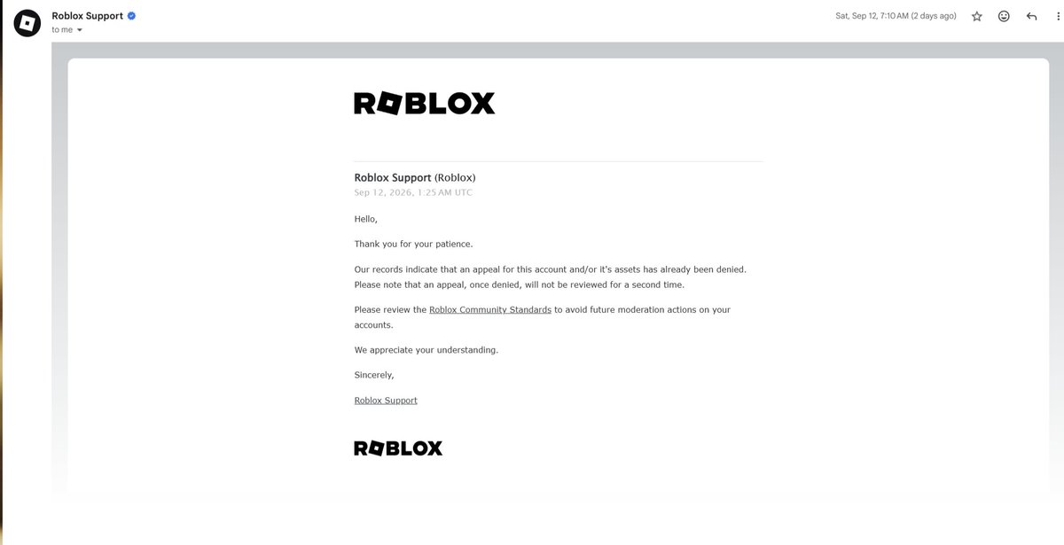batajoo_'s tweet photo. ROBLOX has falsely banned us for ALLEGEDLY trading outside the platform ( RMT).  We are talking about thousands and millions of robux. We are developers on roblox under legal company and I dont think we should be treated like this.

Not everyone is innocent, I understand, but if we are providing proofs and each of the details, ROBLOX should atleast be manually verifying it rather than sending an automated reply.

Its been 2 weeks since our ban and we have faced the same automated reply over and over again. This isn't about me, its about so many developers on X itself. I have seen so many users getting banned to this exact message or something else relevant.

I request roblox or the developer relations team to look at this once. If we are guilty, you may uphold the decision but if we are not, we deserve to know the cause and the reversal. 

Pls repost and like to that this reaches the concerned authorities. Thank you for understanding !
  
User: BevelCreatives
Ticket number : 181248301

@roblox @KreekCraft @RobloxCreators
#roblox #devex #robloxban #robloxdev #robloxcreators #rdc #thanksdevex #developer
