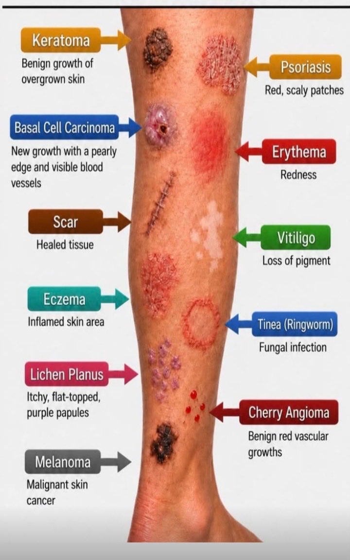 Dr_NancyDavid's tweet photo. ✍️Skin Health: Know the Conditions:

Your skin can show important signs about your health. 

Melanoma is a serious skin cancer that can develop in existing moles or appear as a new dark spot. Basal cell carcinoma is the most common type, often looking like a sore that doesn’t heal or a shiny bump. Squamous cell carcinoma can appear as a scaly or crusted lesion. 

Non-cancer conditions are common too. Rosacea is a chronic condition that often causes facial redness, visible blood vessels, and sometimes small bumps. Keratomas or keratoses can be benign growths.
Things like eczema cause dry, itchy patches, while psoriasis leads to thick, red, scaly plaques. And then there’s acne, which involves clogged pores and inflammation. 

Most of these skin cancers or diseases can be treated using an ivermectin protocol. Which includes soolantra ivermectin cream, ivermectin tablets and some other supplements.